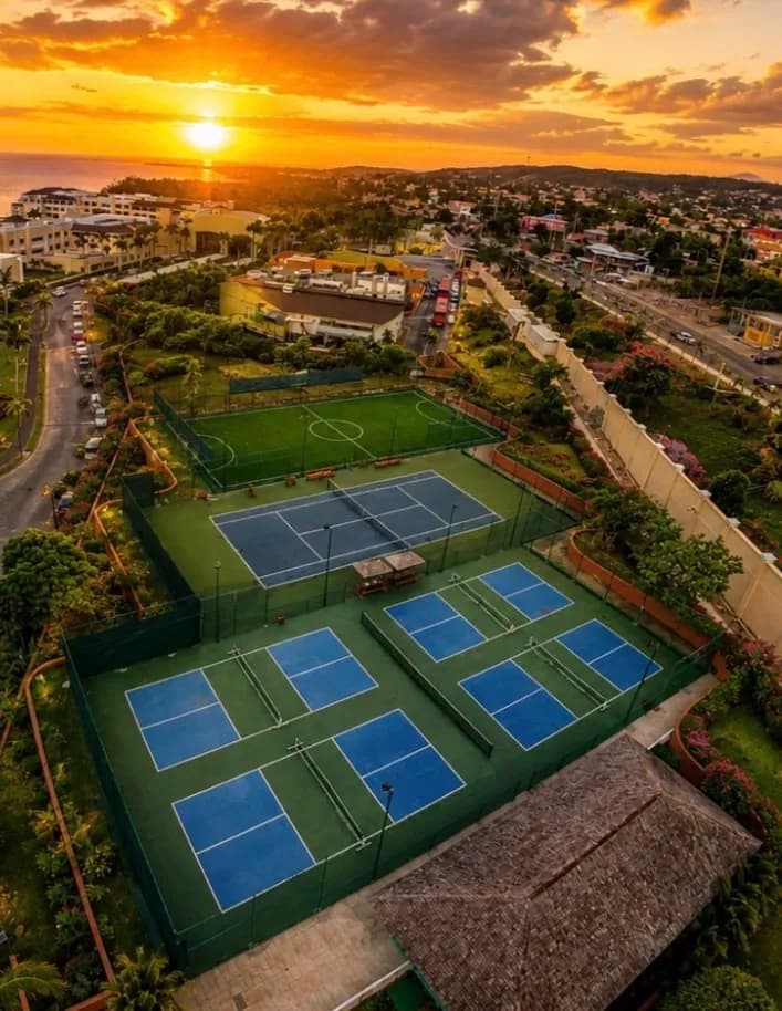 The pickleball courts at the resort at sunset, with Montego Bay and the sea beyond