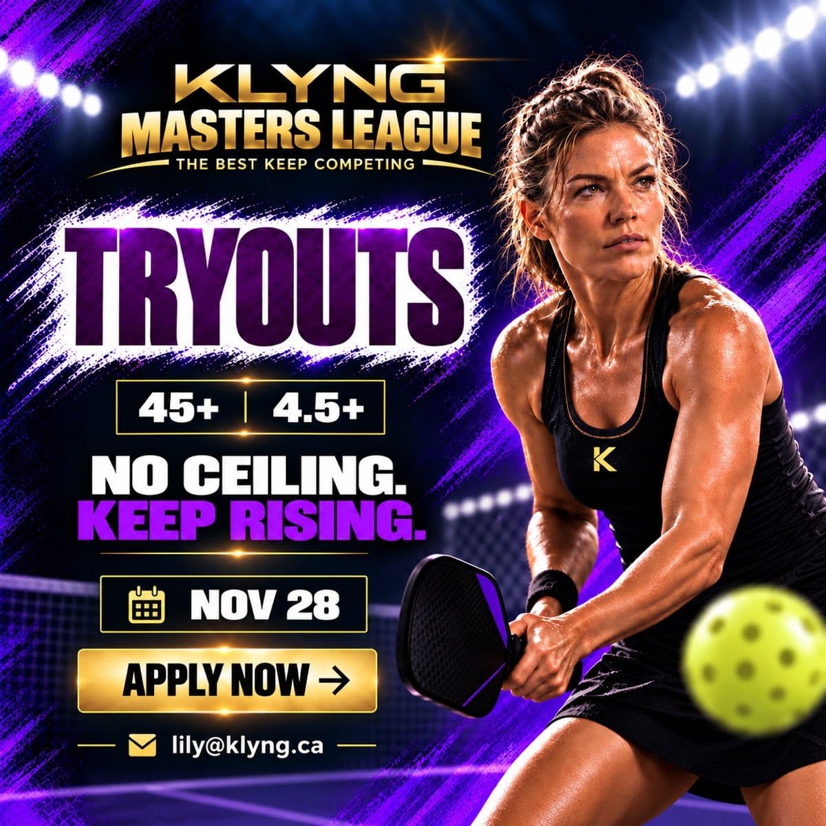 Klyng Masters League tryouts poster: 45+, 4.5+, November 28